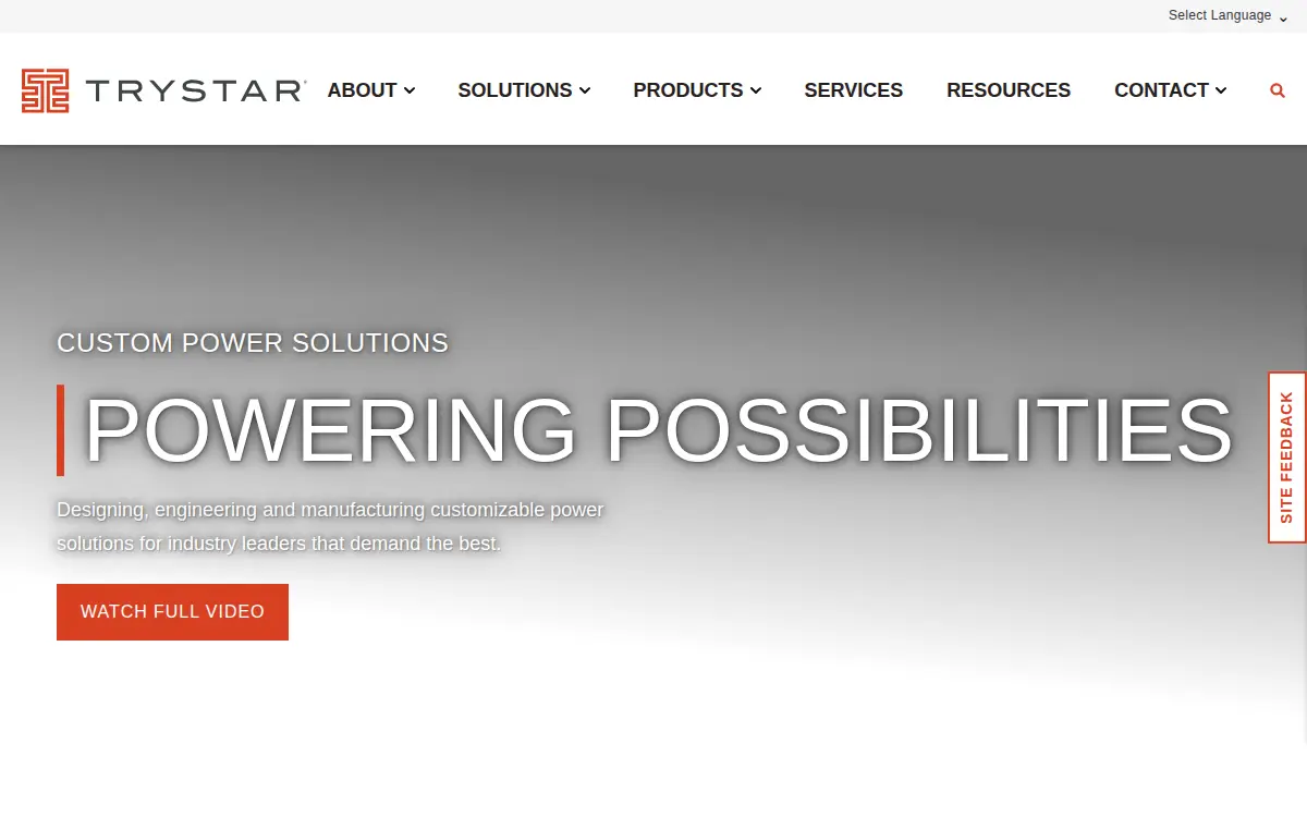 Homepage of Trystar, LLC.