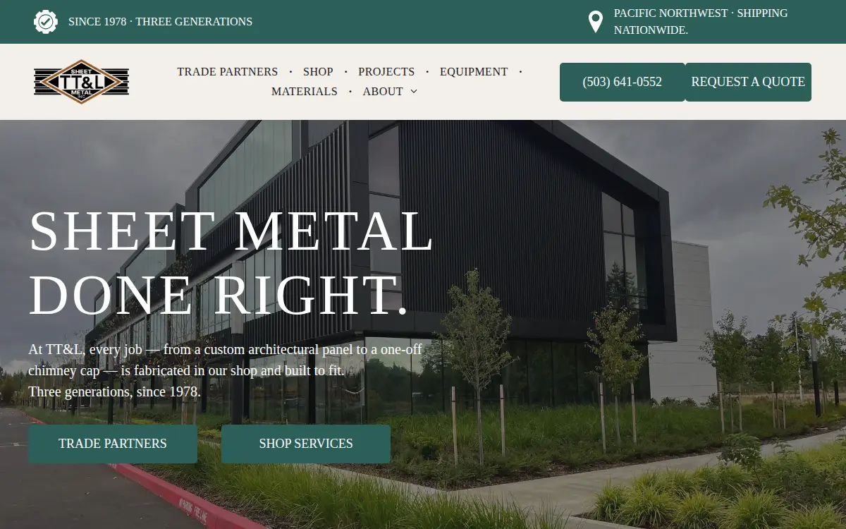 Homepage of T.t. & L. Sheet Metal, INC.