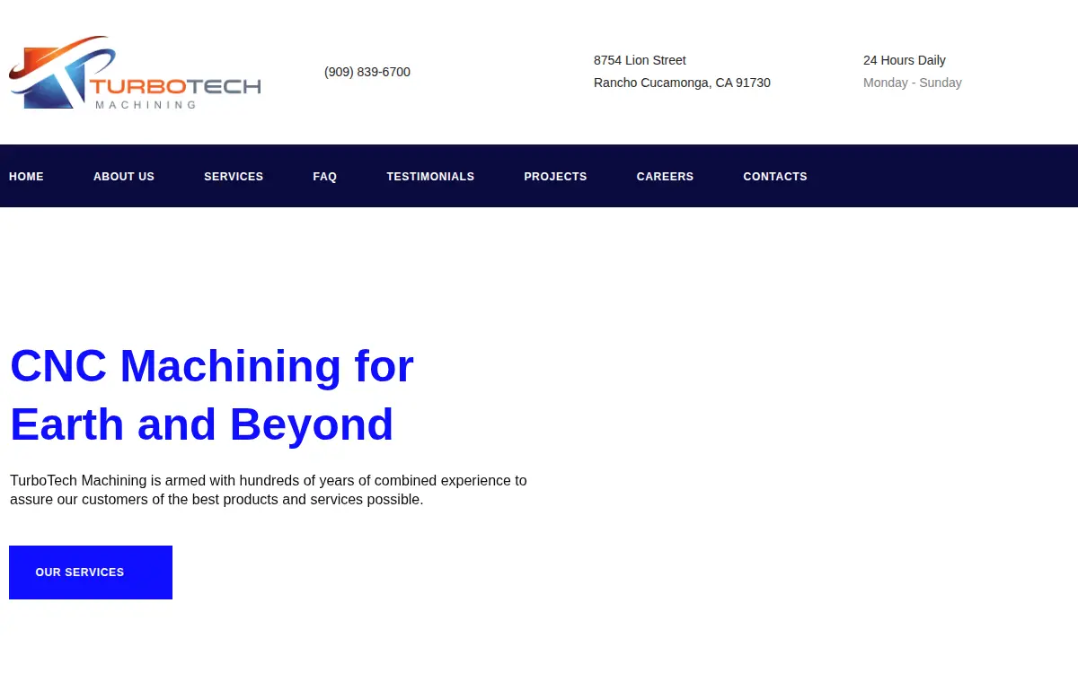 Homepage of Turbotech Machining, LLC