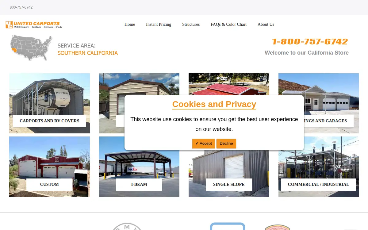 Homepage of United Carports LLC