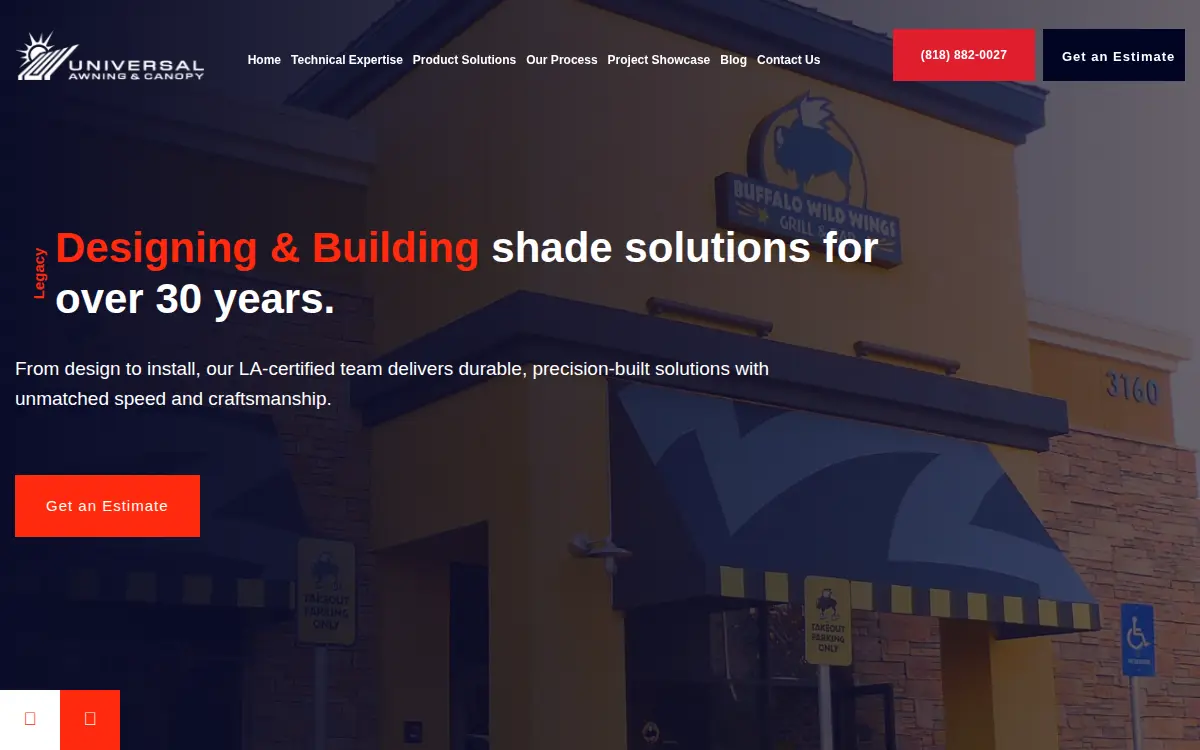 Homepage of Universal Awning & Shade, INC.