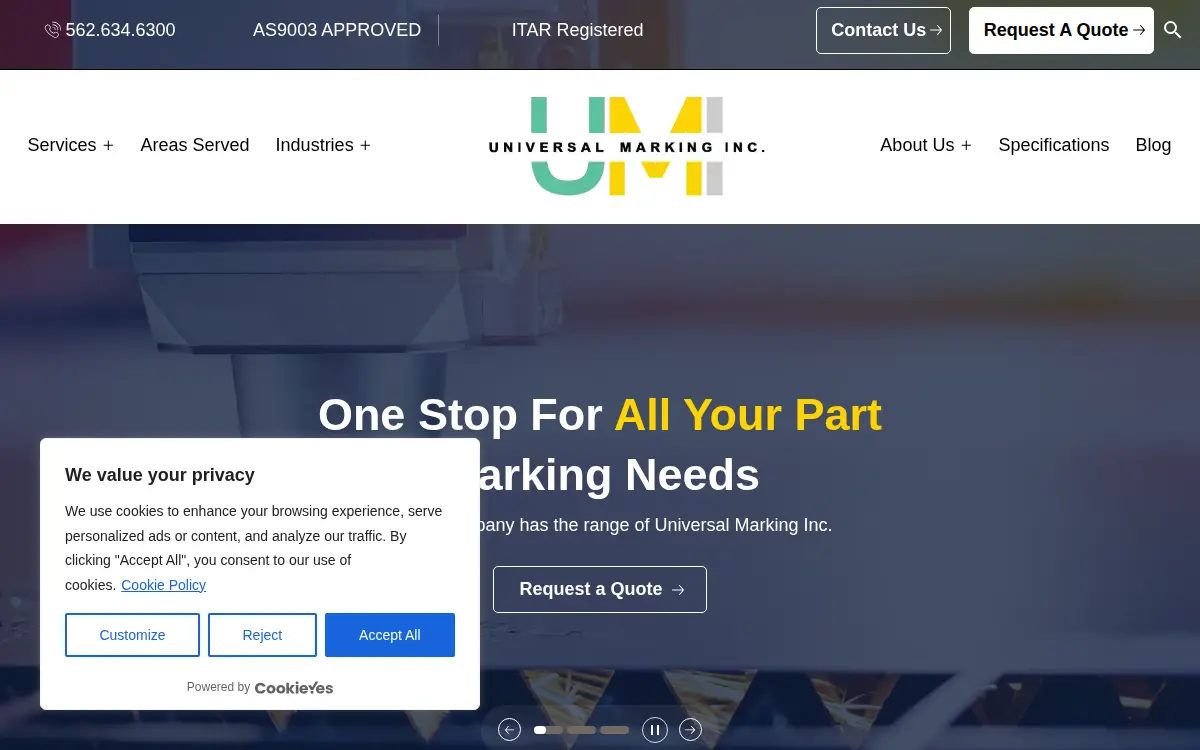 Homepage of Universal Marking INC.