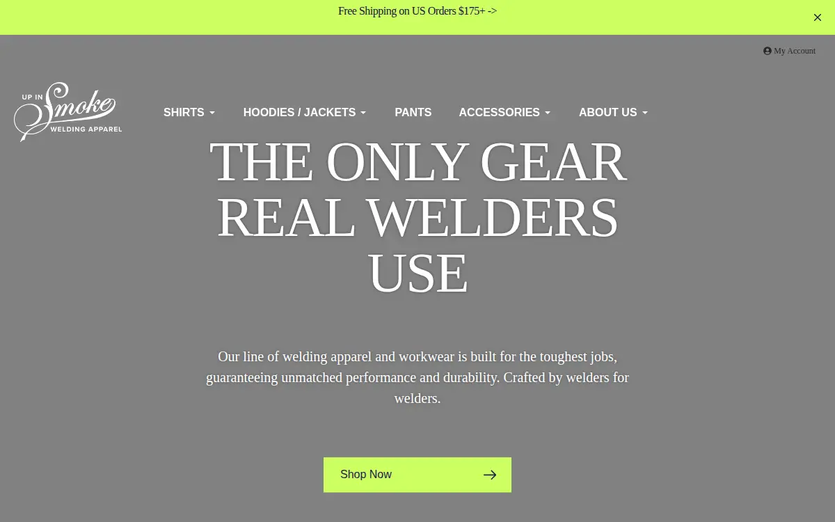 Homepage of Up in Smoke Welding Apparel USA LLC