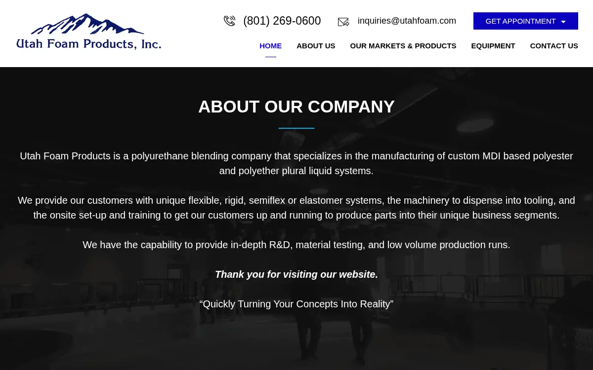 Homepage of Utah Foam Products CO INC