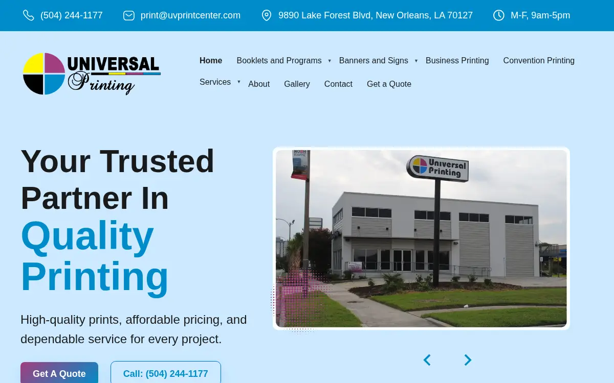 Homepage of Universal Printing LLC