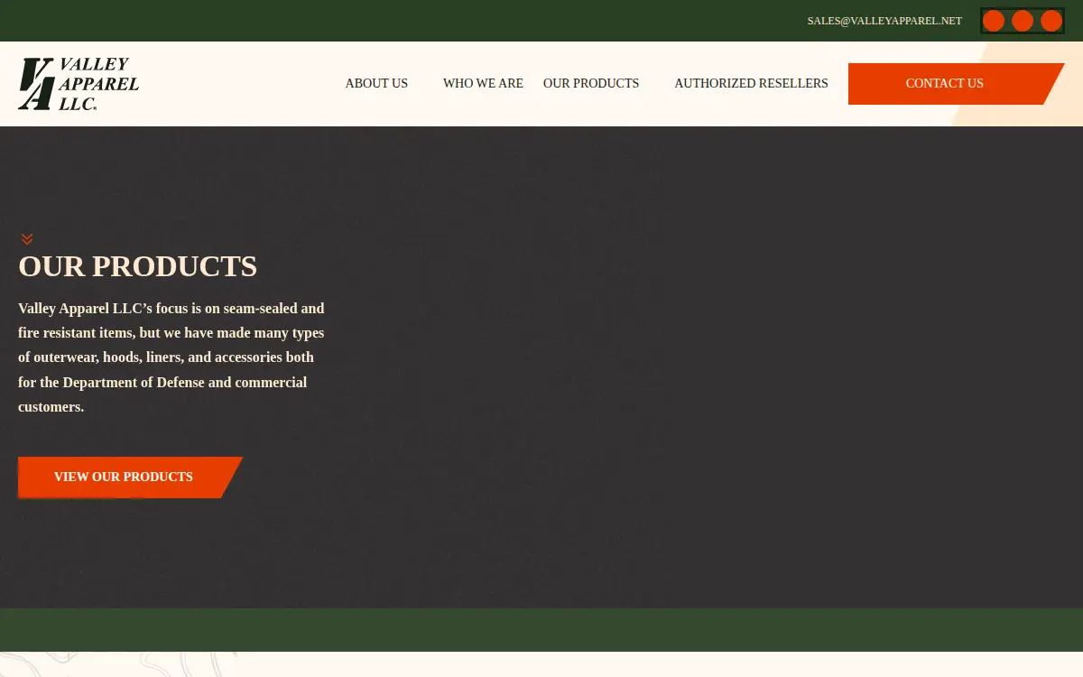 Homepage of Valley Apparel, LLC