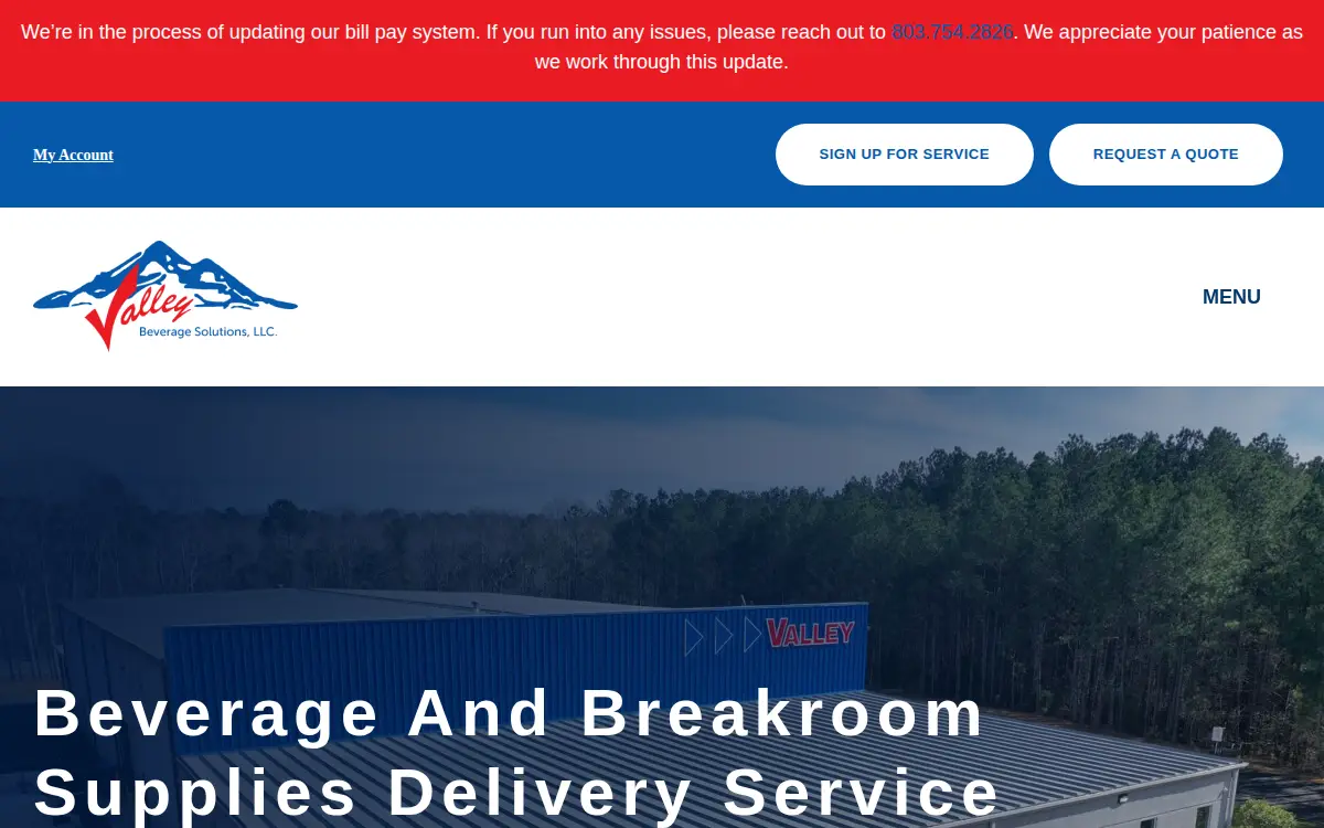 Homepage of Valley Beverage Solutions LLC