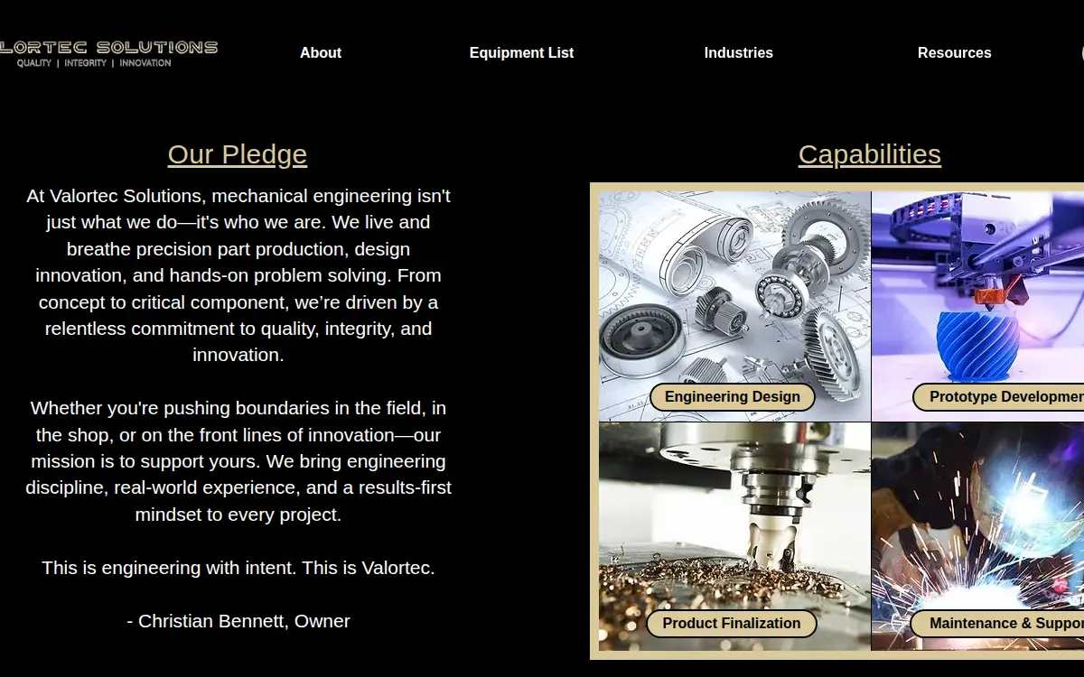 Homepage of Valortec Solutions LLC