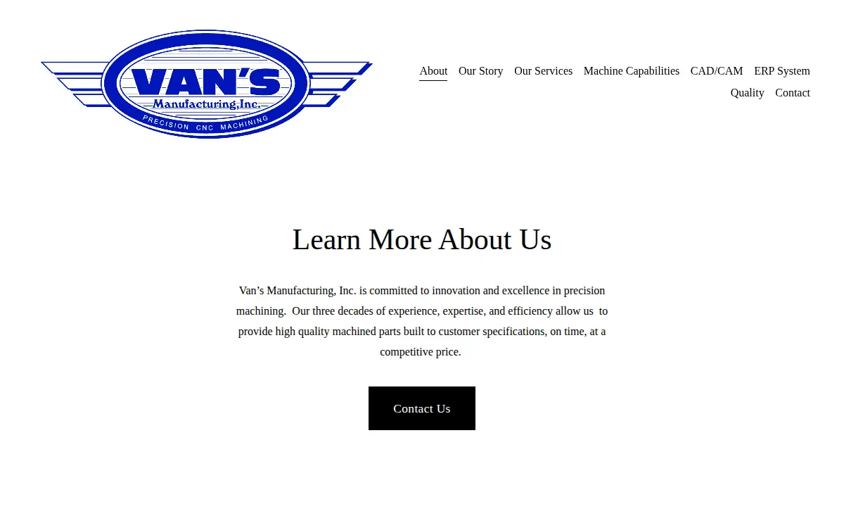 Homepage of Van's Manufacturing, INC