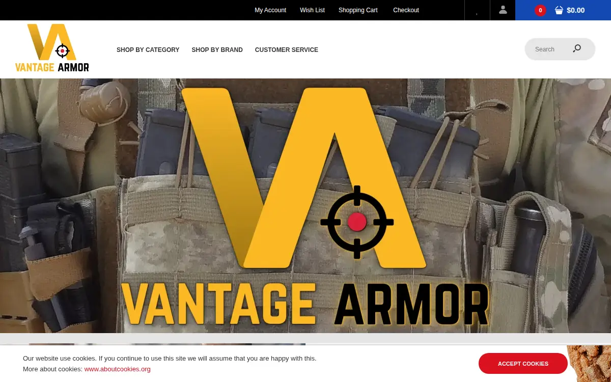 Homepage of Vantage Armor LLC