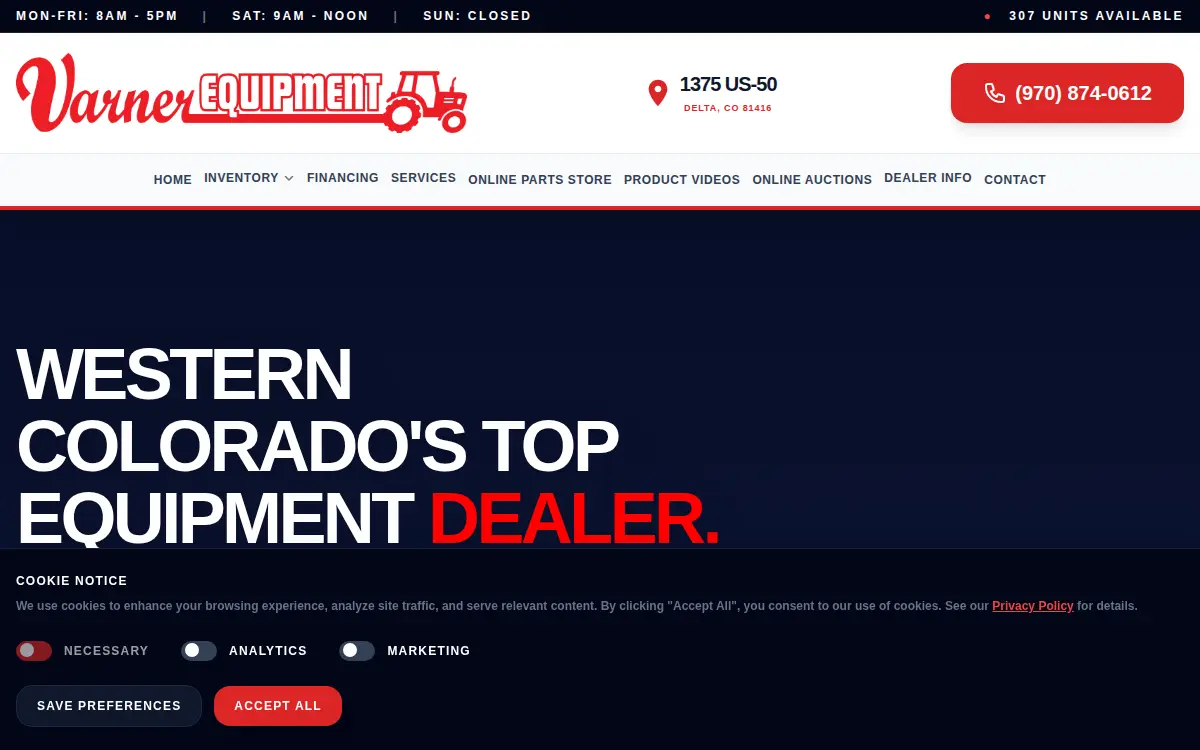 Homepage of Varner Equipment, INC.