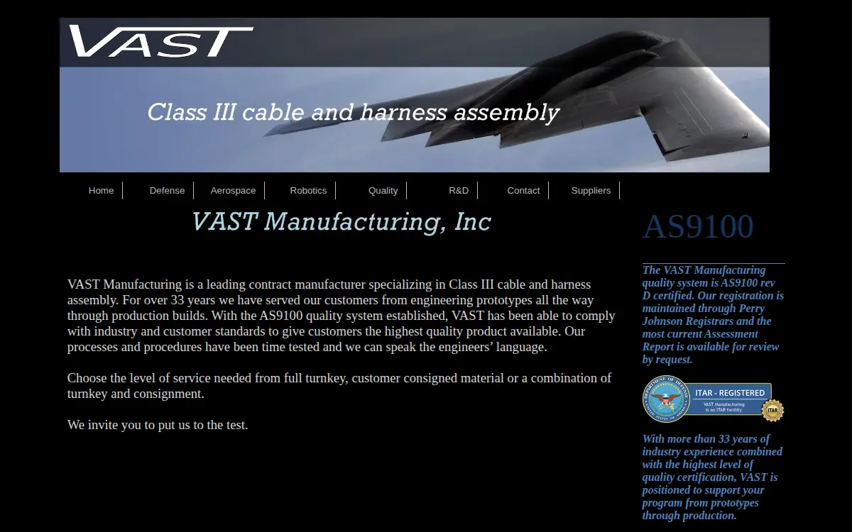 Homepage of Vast Manufacturing, INC