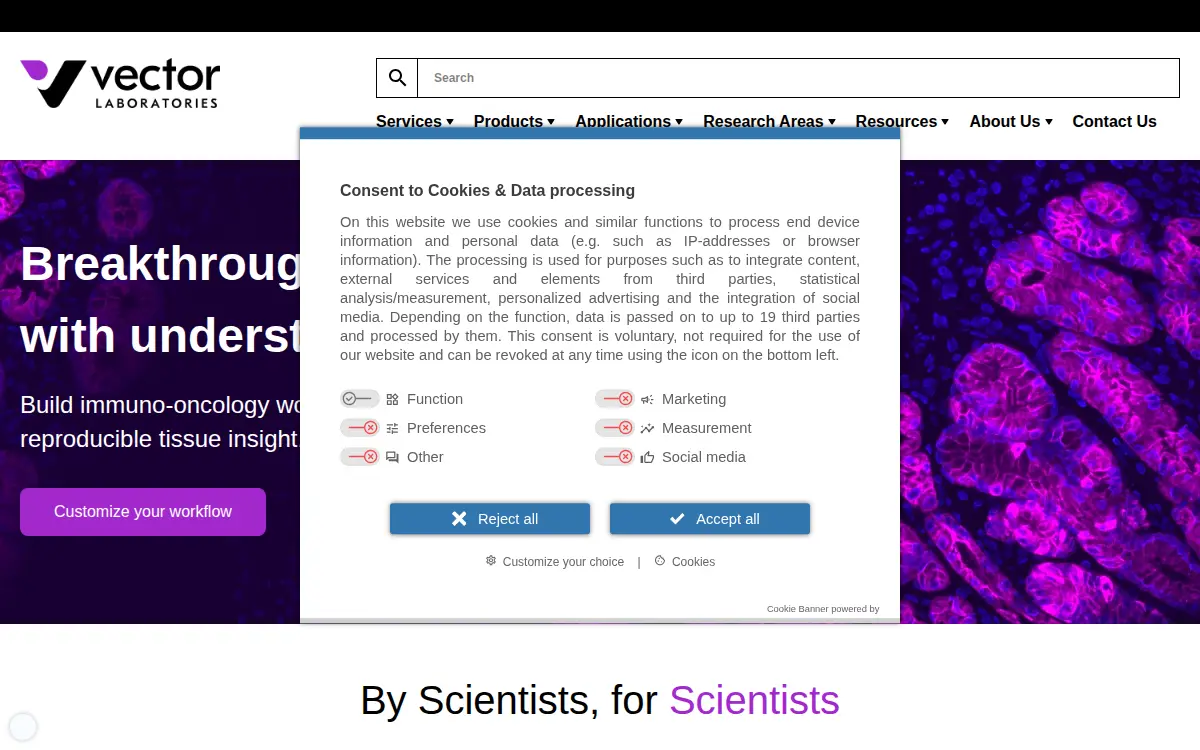 Homepage of Vector Laboratories, INC.