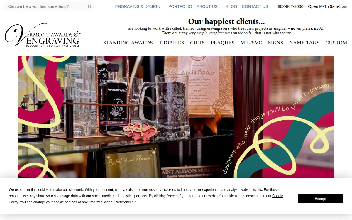 Homepage of Vermont Awards and Engraving, INC.