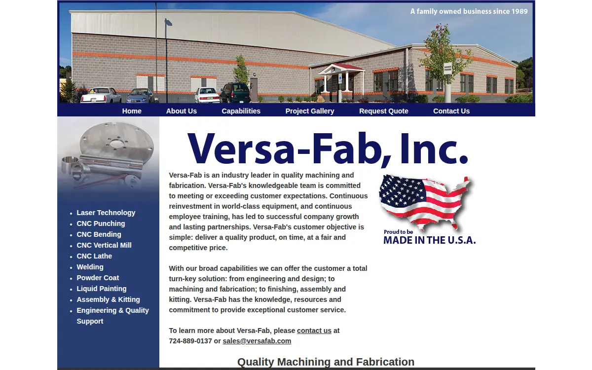 Homepage of Versa-fab INC.