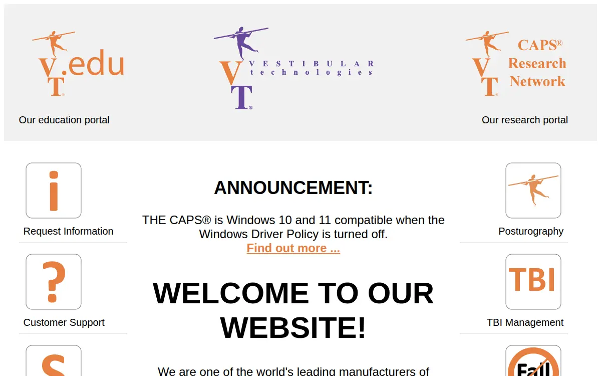 Homepage of Vestibular Technologies, LLC
