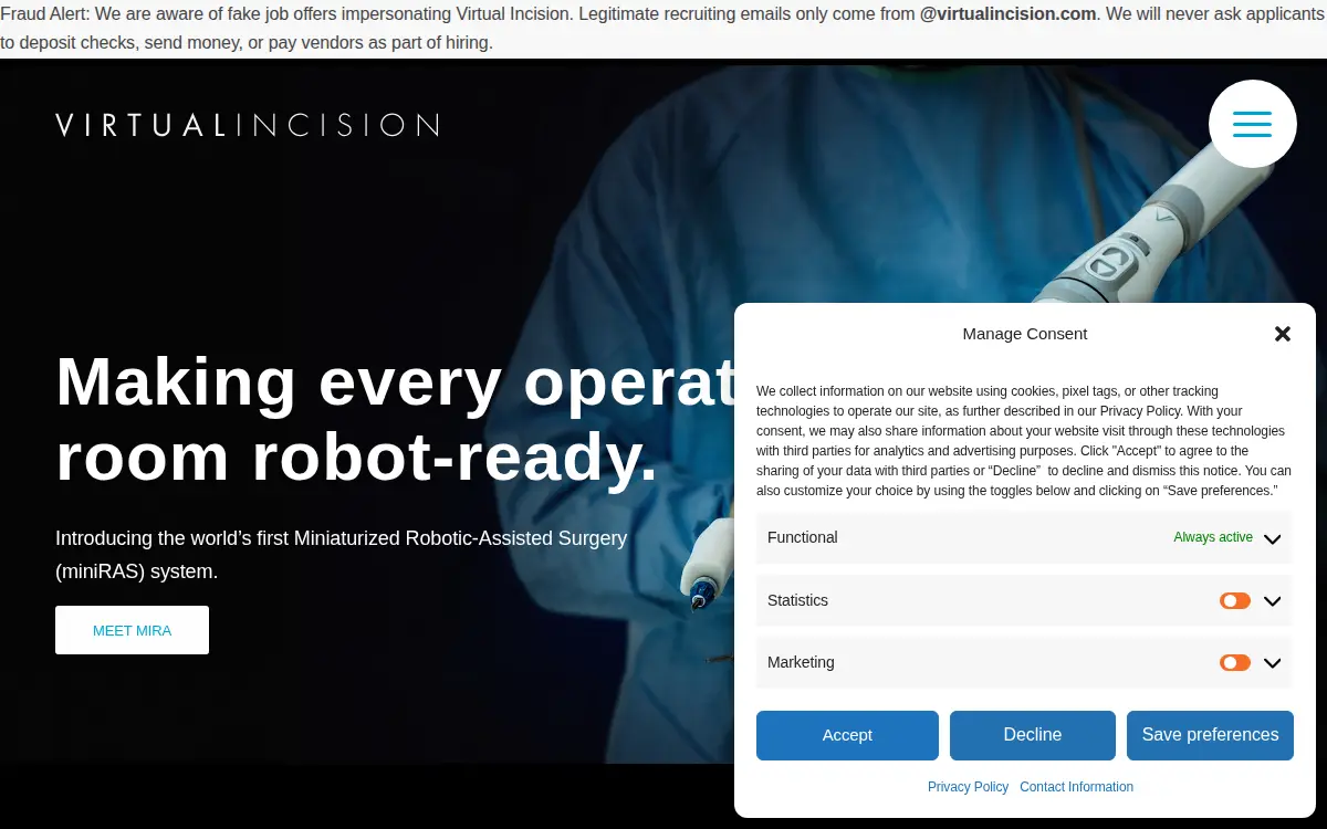 Homepage of Virtual Incision Corporation