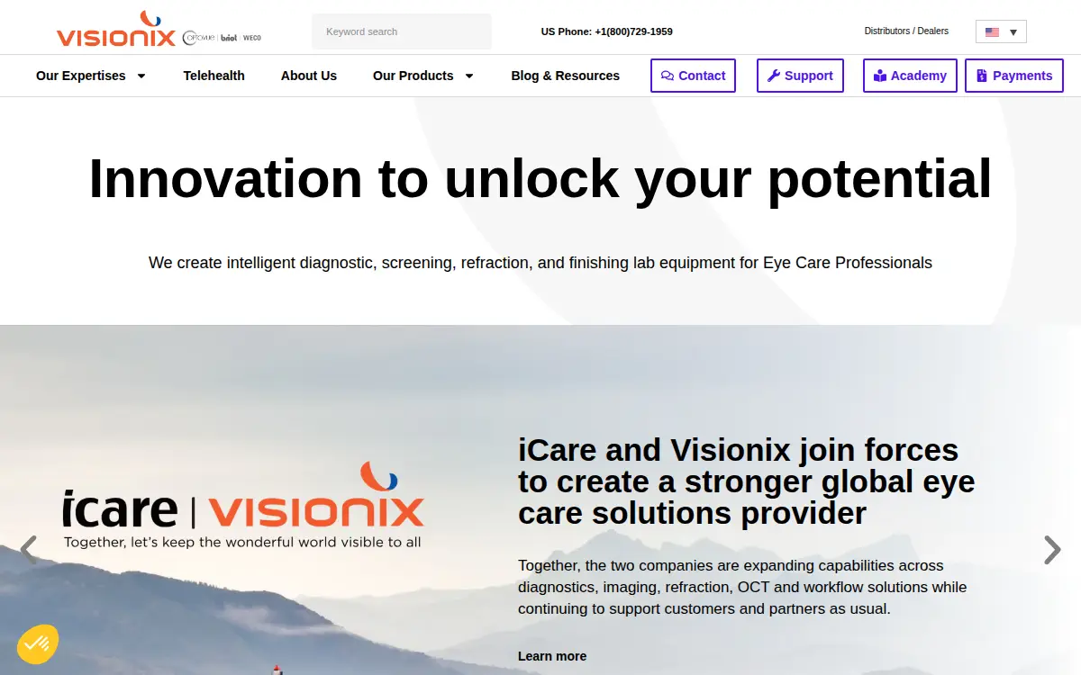 Homepage of Visionix USA INC.