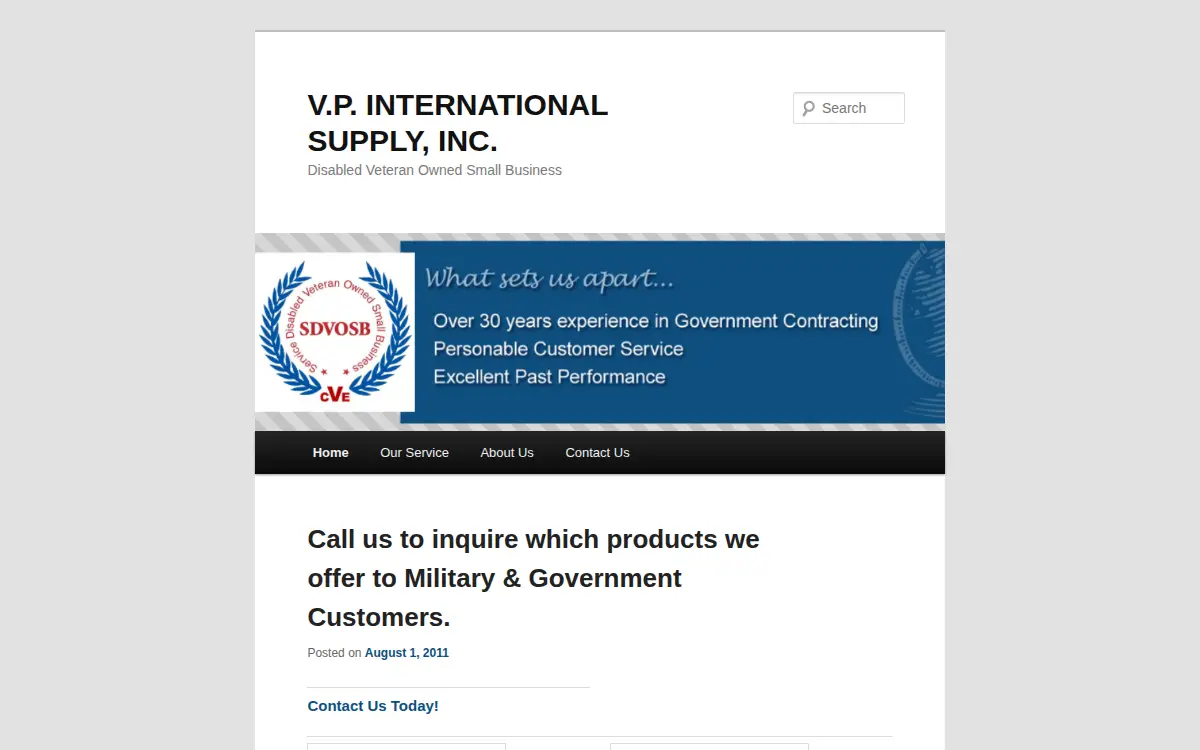 Homepage of V.p. International Supply, INC.