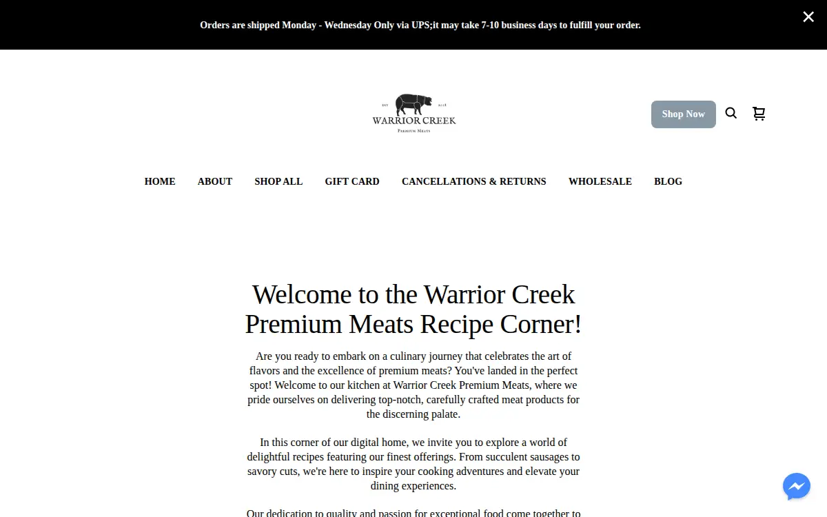 Homepage of Warrior Creek Premium Meats LLC