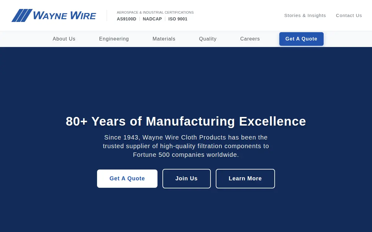 Homepage of Wayne Wire Cloth Products, INC