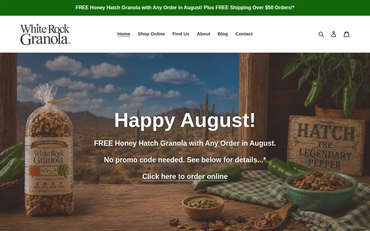 Homepage of White Rock Granola, LLC