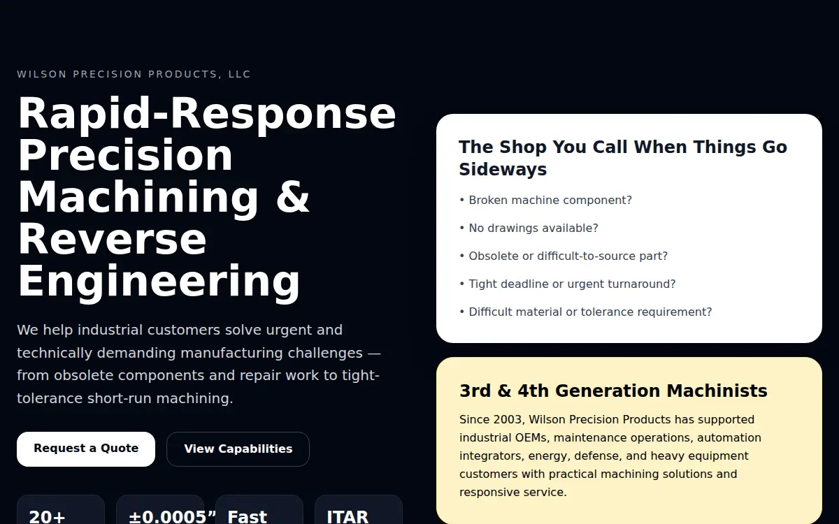 Homepage of Wilson Precision Products, LLC