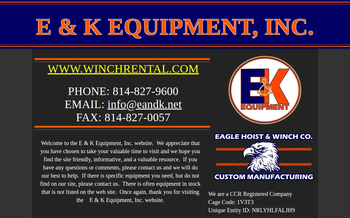 Homepage of E & K Equipment, INC.