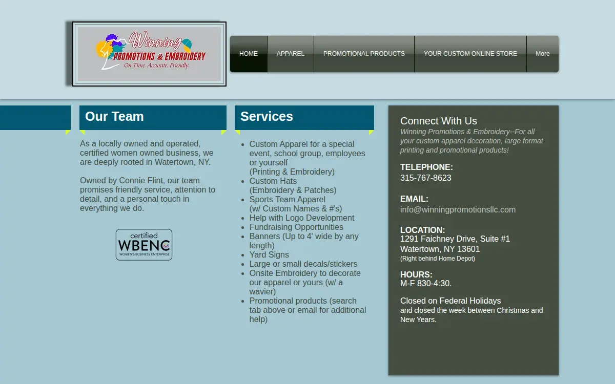 Homepage of Winning Promotions & Embroidery LLC