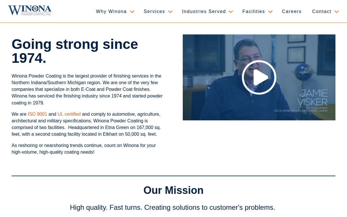 Homepage of Winona Powder Coating, INC.