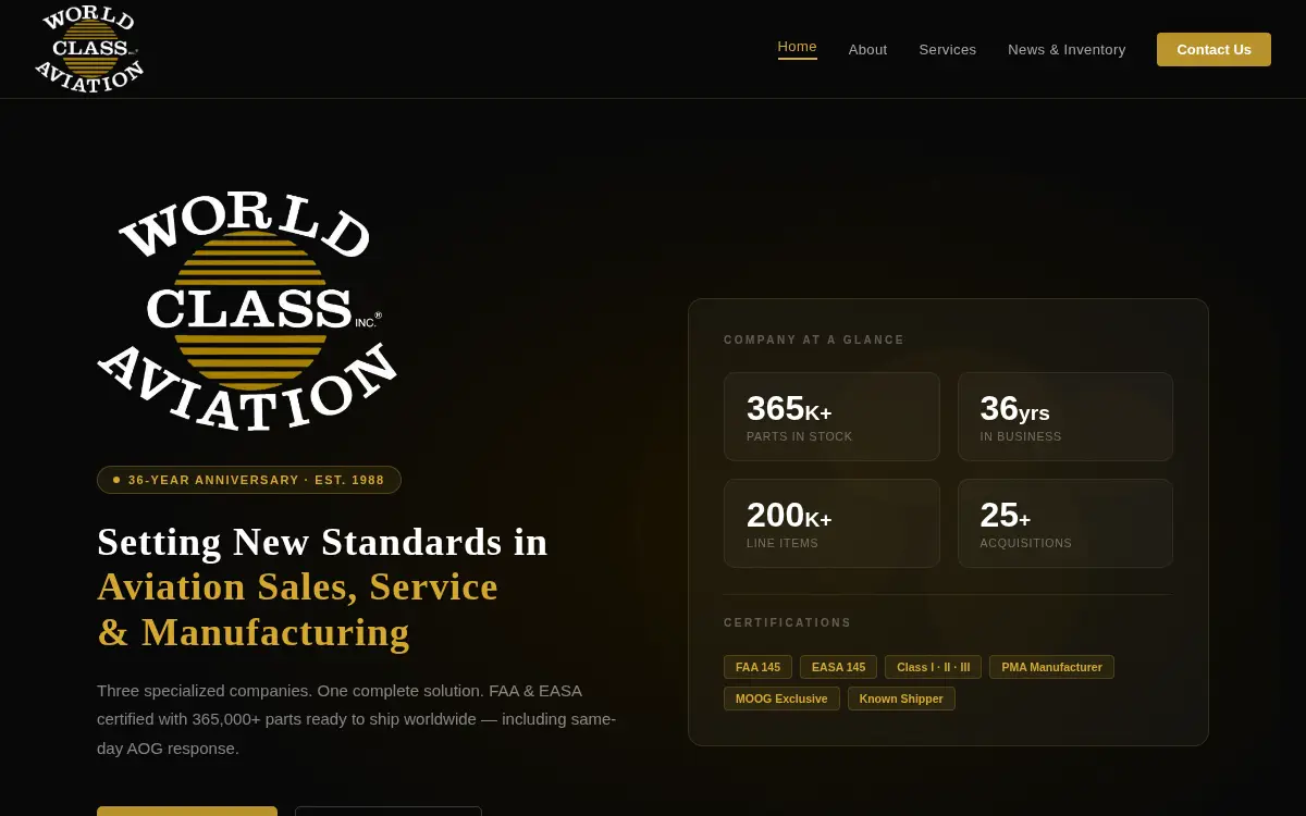 Homepage of World Class Aviation, INC.
