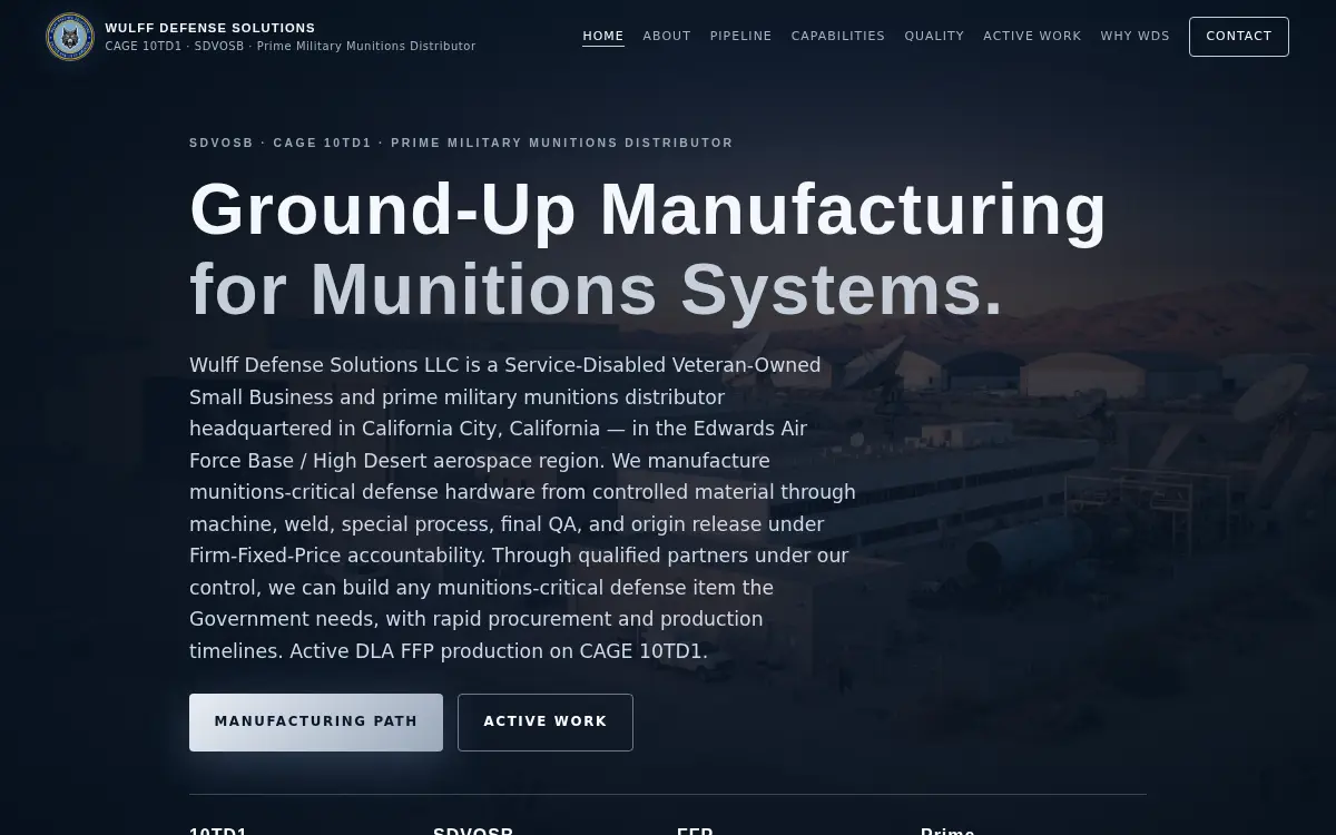 Homepage of Wulff Defense Solutions LLC