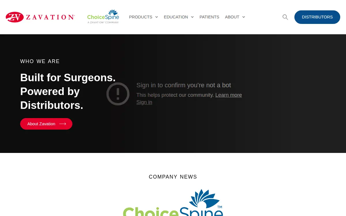 Homepage of Zavation Medical Products, LLC