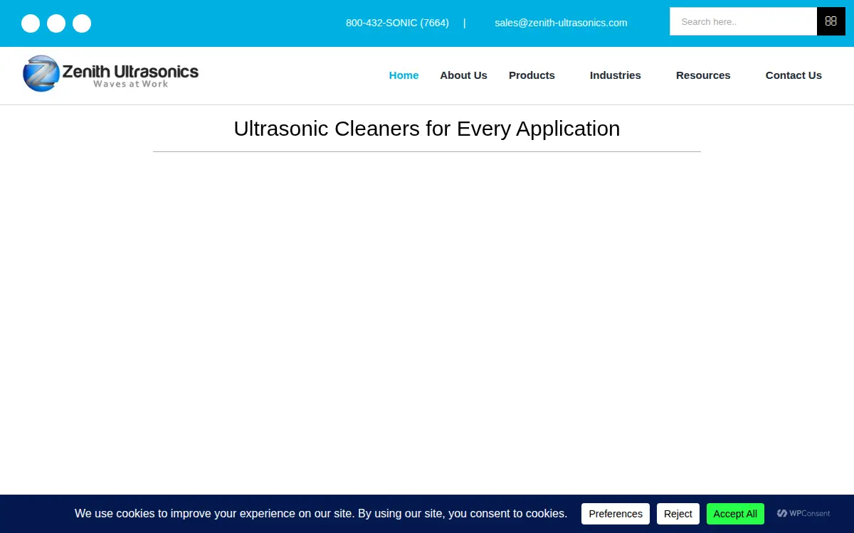 Homepage of Zenith Ultrasonics Holdings, LLC
