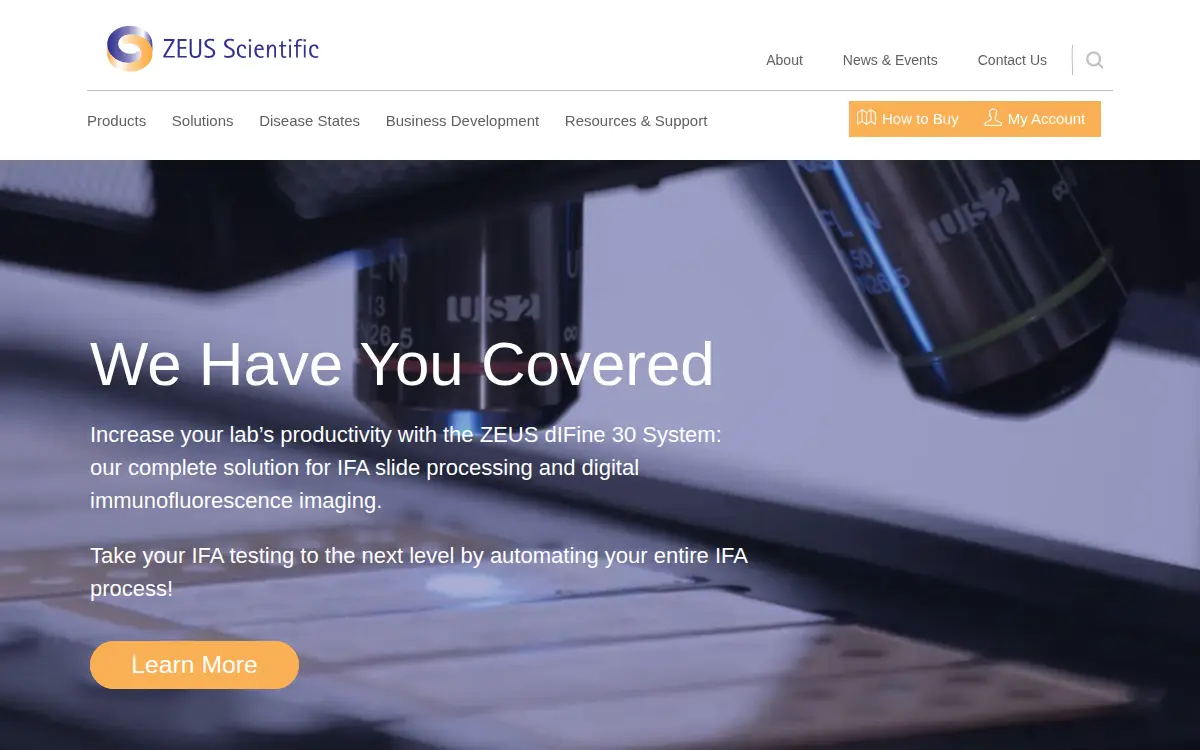 Homepage of Zeus Scientific, LLC