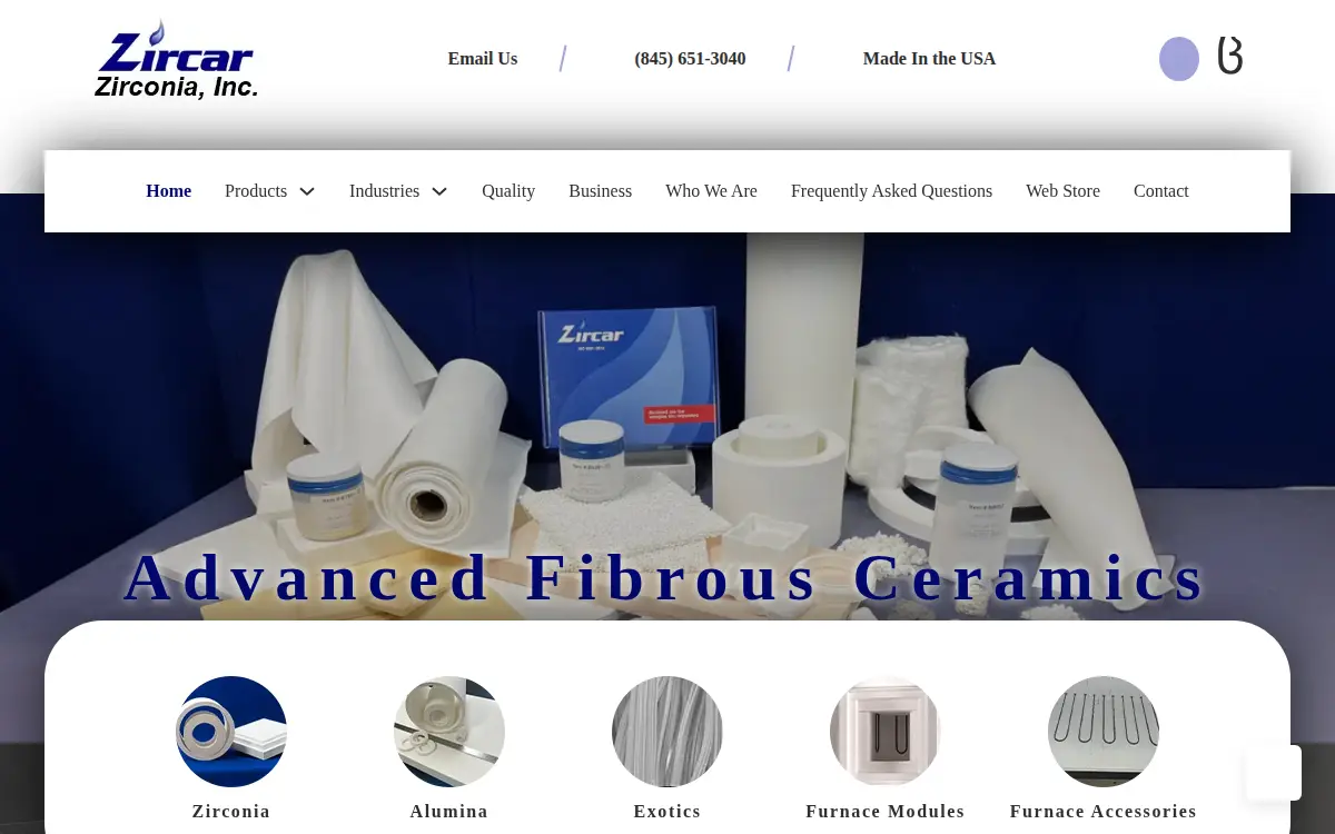 Homepage of Zircar Zirconia, INC.