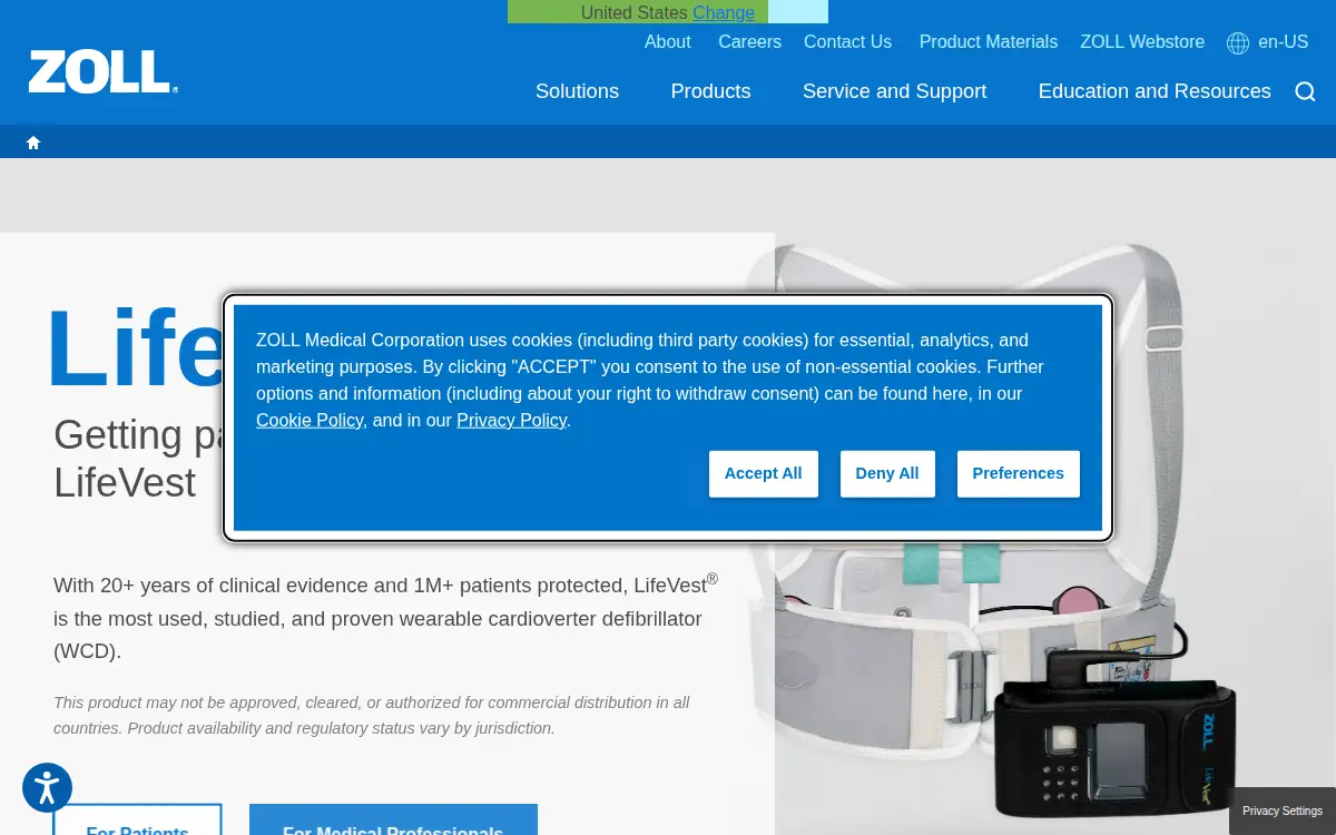 Homepage of Zoll Medical Corporation